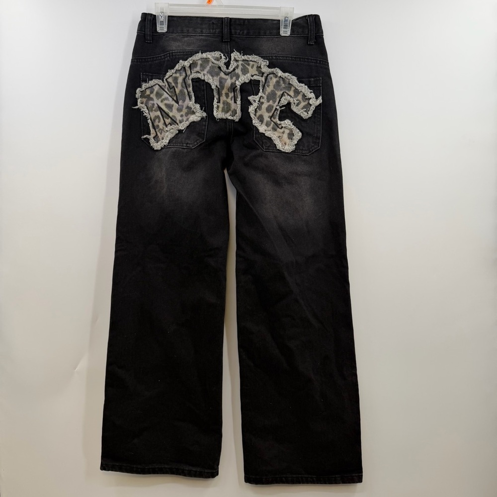 Disclosure NYC Leopard Patch Wide Leg Jeans 9/29 Black Y2K Distressed Baggy